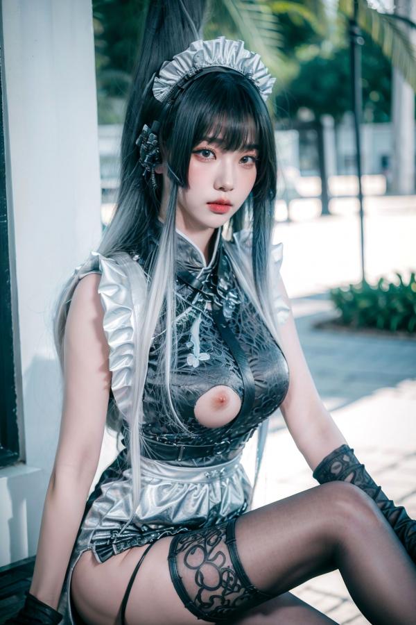    AI美女-拟实-哥特风眼镜女仆 极品爆乳皮革制服黑丝性感诱惑写真第31张图片