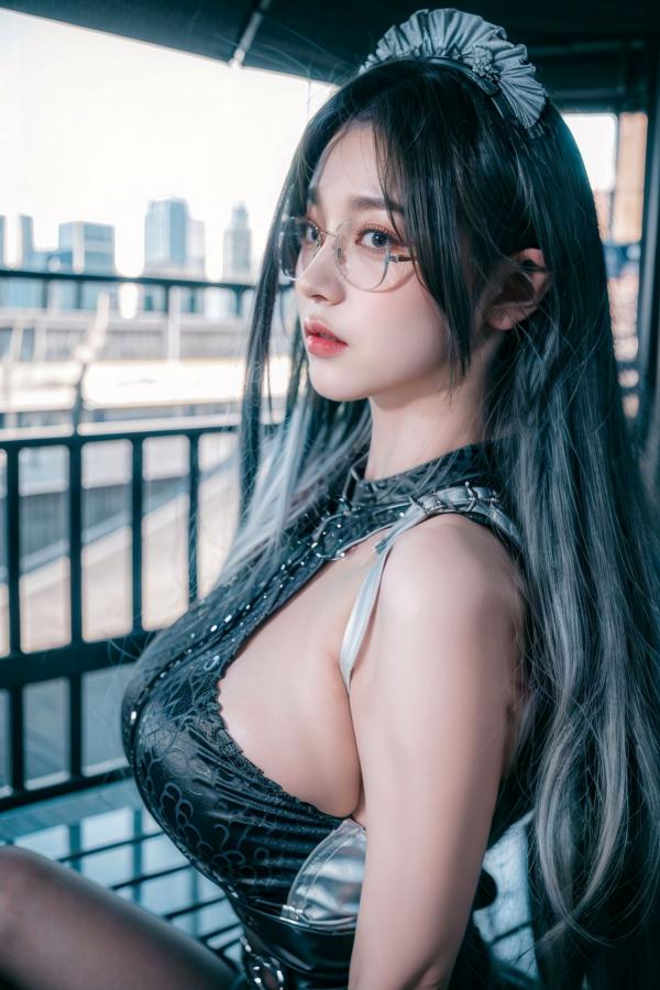    AI美女-拟实-哥特风眼镜女仆 极品爆乳皮革制服黑丝性感诱惑写真第37张图片