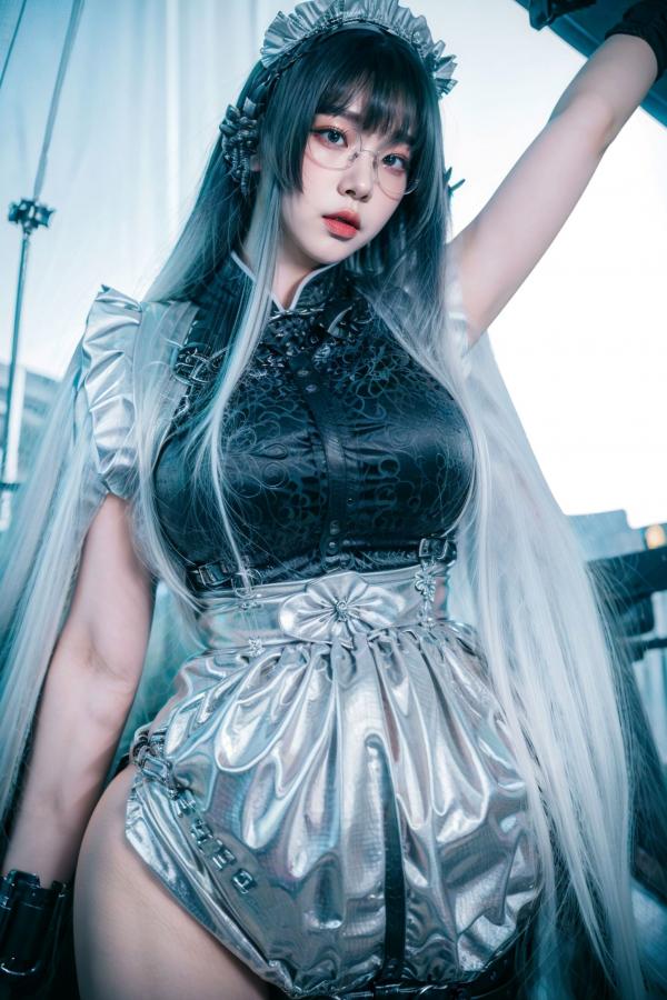    AI美女-拟实-哥特风眼镜女仆 极品爆乳皮革制服黑丝性感诱惑写真第40张图片
