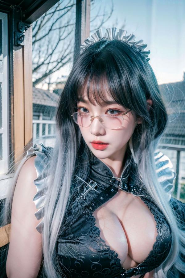   AI美女-拟实-哥特风眼镜女仆 极品爆乳皮革制服黑丝性感诱惑写真第42张图片