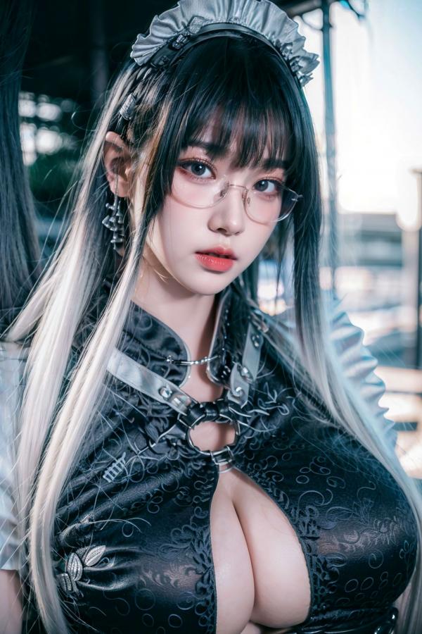    AI美女-拟实-哥特风眼镜女仆 极品爆乳皮革制服黑丝性感诱惑写真第46张图片