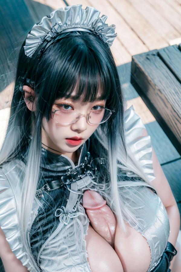    AI美女-拟实-哥特风眼镜女仆 极品爆乳皮革制服黑丝性感诱惑写真第47张图片
