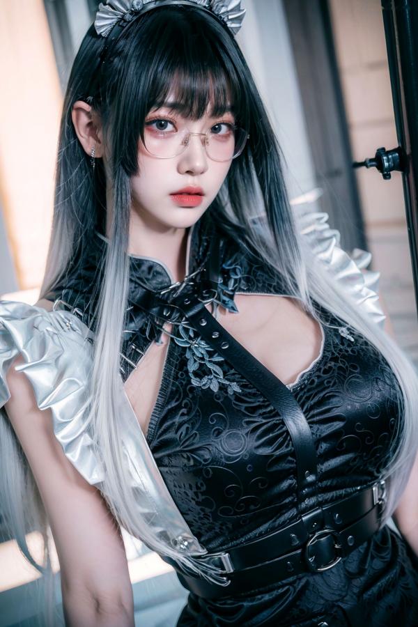    AI美女-拟实-哥特风眼镜女仆 极品爆乳皮革制服黑丝性感诱惑写真第70张图片