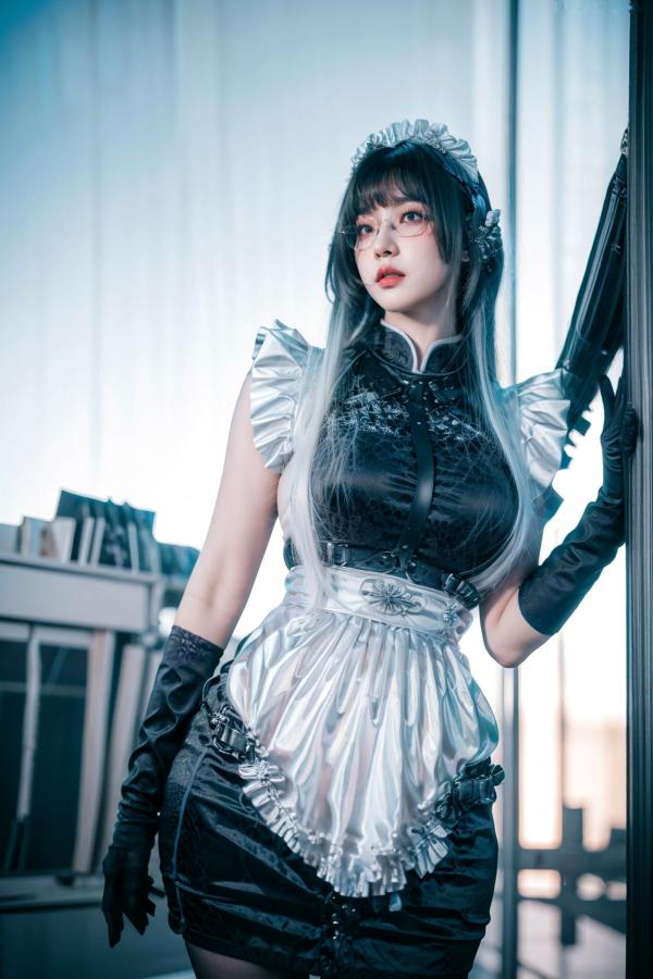    AI美女-拟实-哥特风眼镜女仆 极品爆乳皮革制服黑丝性感诱惑写真第73张图片