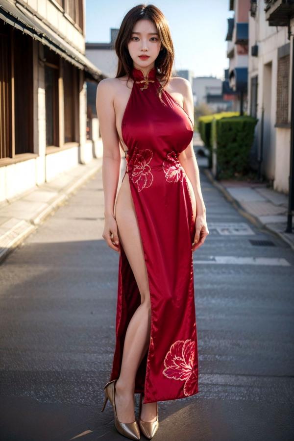   《AI美女-拟实-情趣古风露背旗袍-红色版》户外街拍性感国风写真第17张图片
