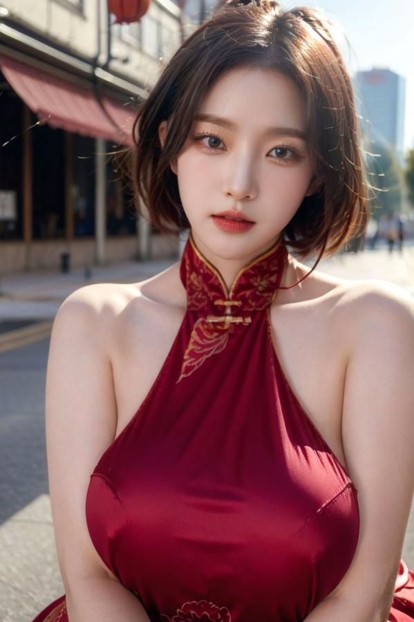   《AI美女-拟实-情趣古风露背旗袍-红色版》户外街拍性感国风写真第32张图片