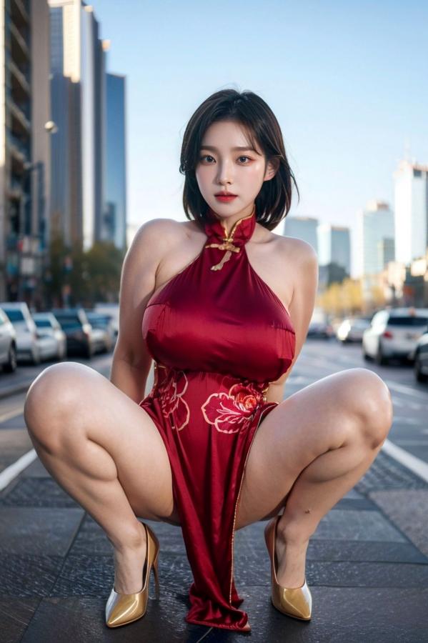   《AI美女-拟实-情趣古风露背旗袍-红色版》户外街拍性感国风写真第35张图片