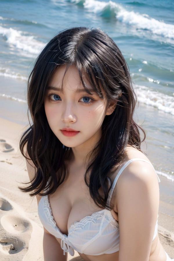   AI美女-拟实-海边沙滩比基尼-黑发极品女神纯欲性感户外大片第2张图片