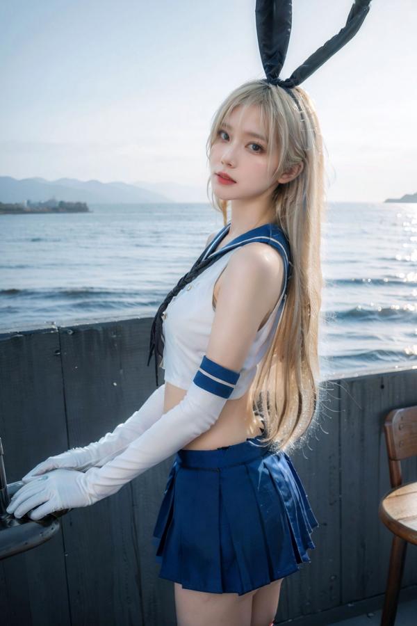   AI美女-拟实-水手服兔女郎军舰 海边沙滩户外性感二次元角色扮演写真第3张图片