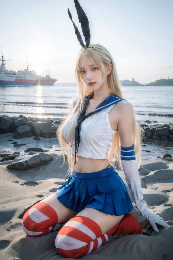   AI美女-拟实-水手服兔女郎军舰 海边沙滩户外性感二次元角色扮演写真第4张图片