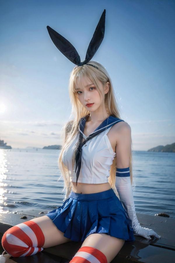   AI美女-拟实-水手服兔女郎军舰 海边沙滩户外性感二次元角色扮演写真第6张图片