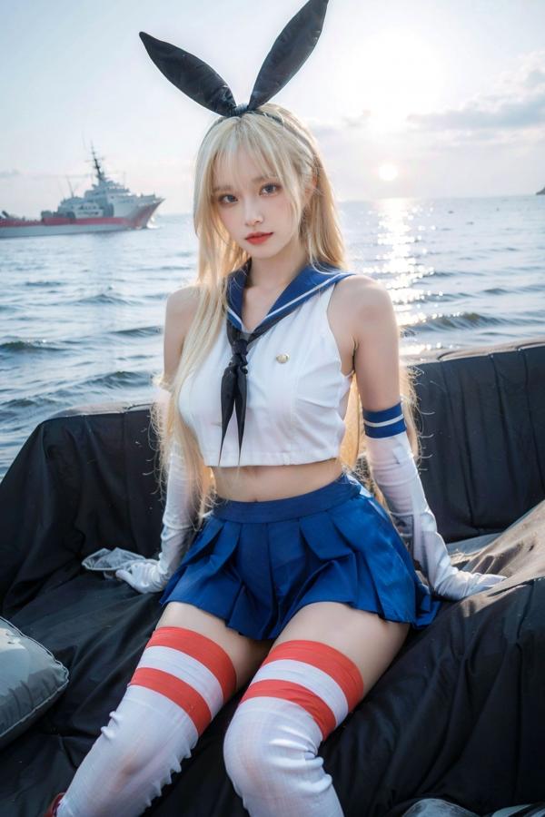   AI美女-拟实-水手服兔女郎军舰 海边沙滩户外性感二次元角色扮演写真第8张图片