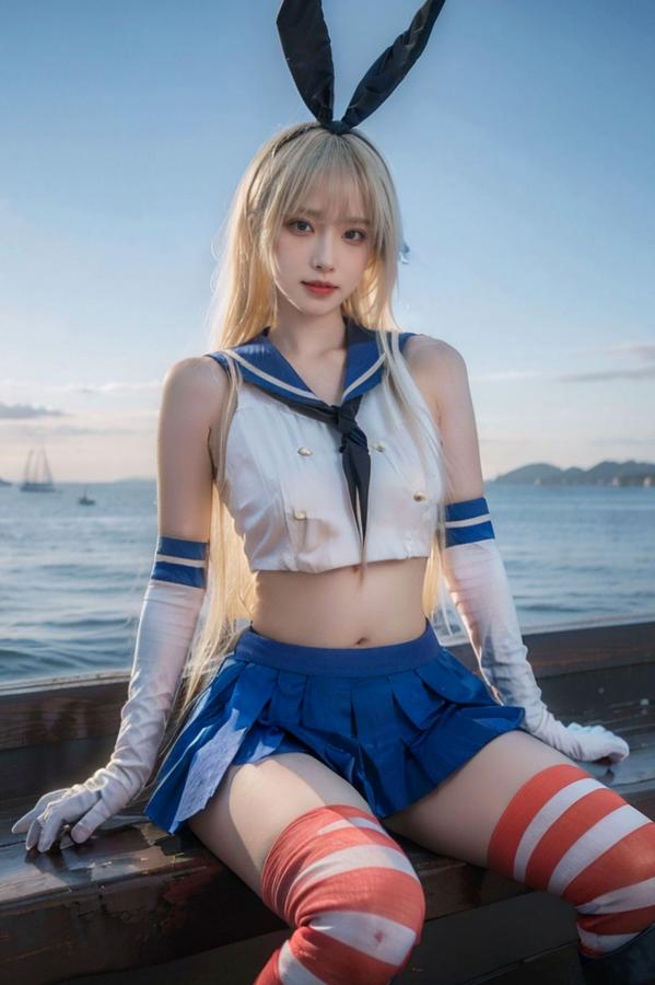   AI美女-拟实-水手服兔女郎军舰 海边沙滩户外性感二次元角色扮演写真第9张图片