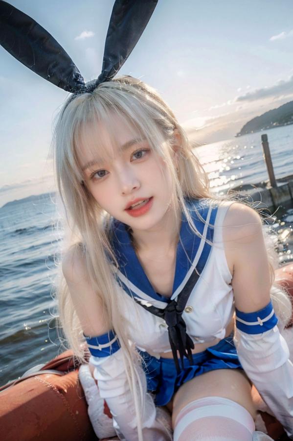   AI美女-拟实-水手服兔女郎军舰 海边沙滩户外性感二次元角色扮演写真第10张图片