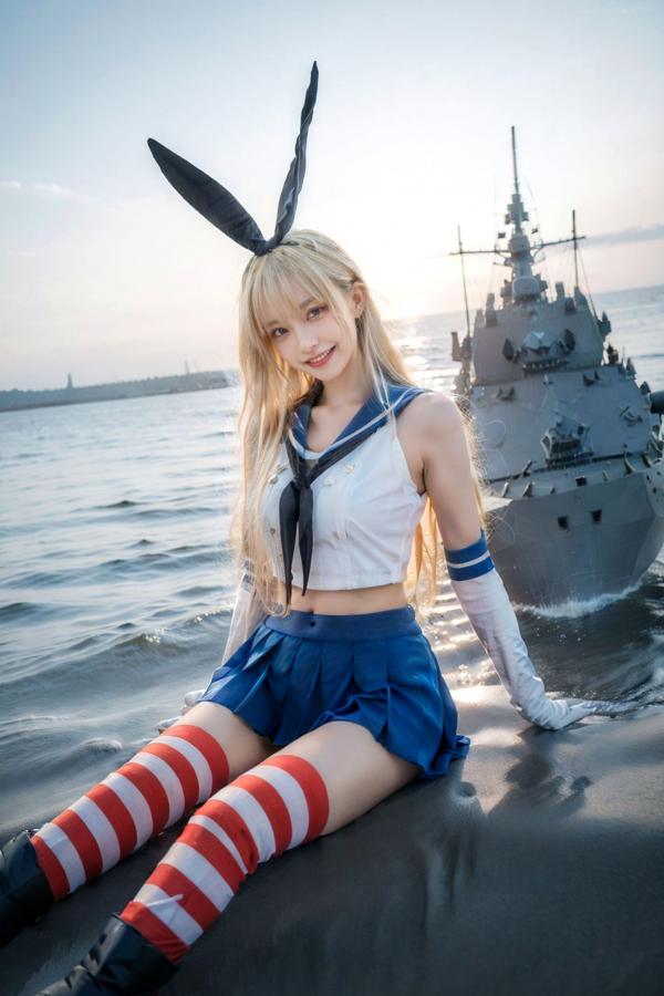   AI美女-拟实-水手服兔女郎军舰 海边沙滩户外性感二次元角色扮演写真第11张图片