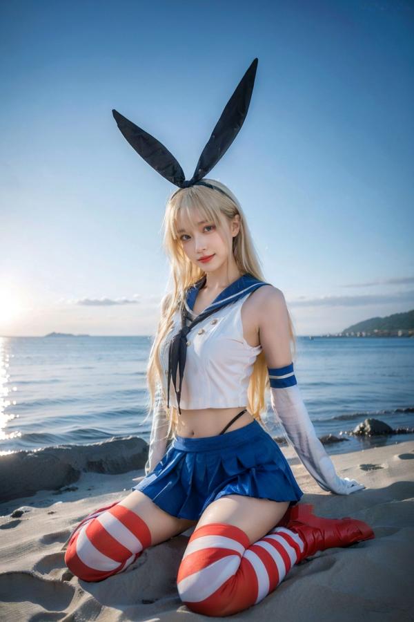   AI美女-拟实-水手服兔女郎军舰 海边沙滩户外性感二次元角色扮演写真第12张图片