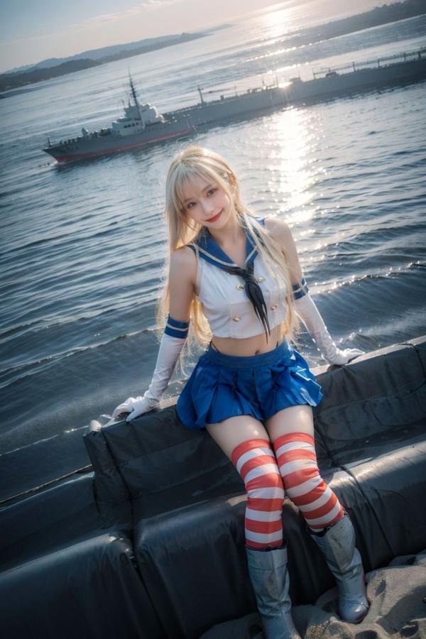   AI美女-拟实-水手服兔女郎军舰 海边沙滩户外性感二次元角色扮演写真第13张图片