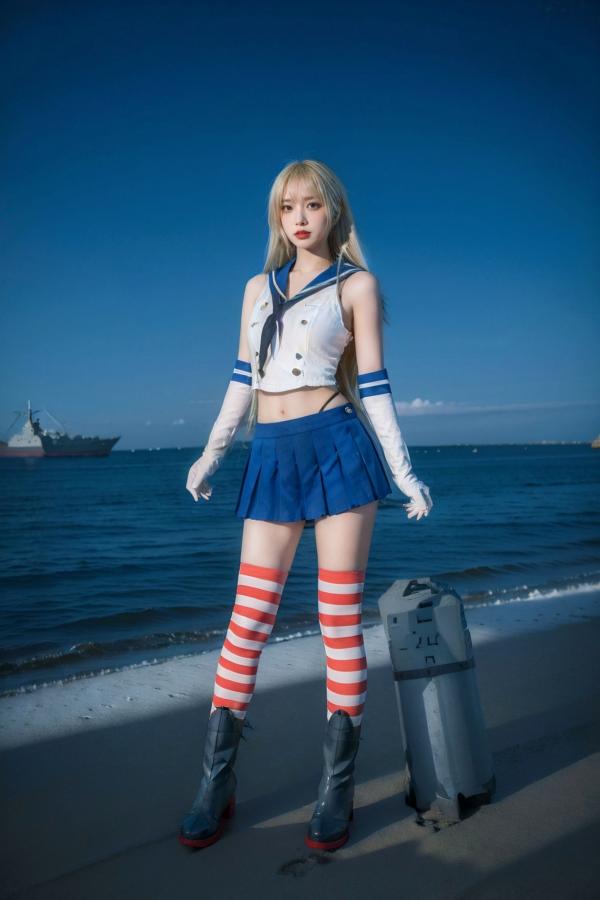   AI美女-拟实-水手服兔女郎军舰 海边沙滩户外性感二次元角色扮演写真第14张图片
