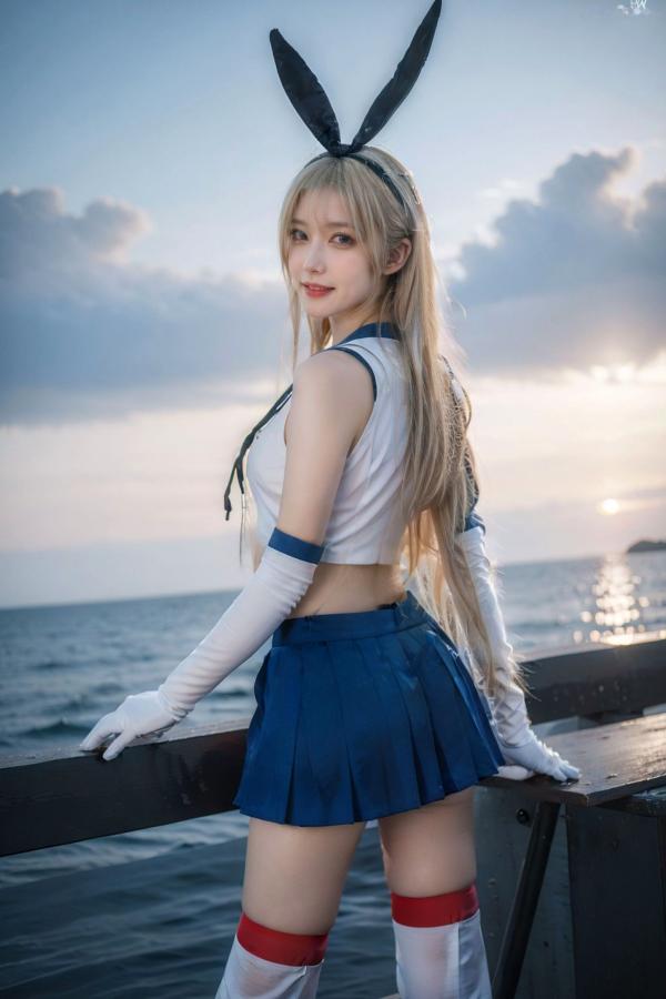   AI美女-拟实-水手服兔女郎军舰 海边沙滩户外性感二次元角色扮演写真第15张图片