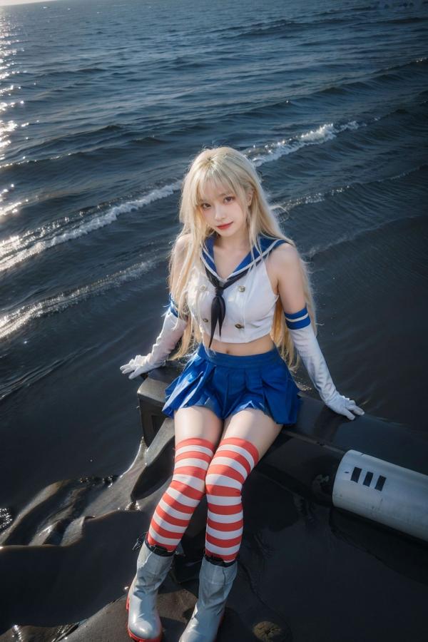   AI美女-拟实-水手服兔女郎军舰 海边沙滩户外性感二次元角色扮演写真第16张图片