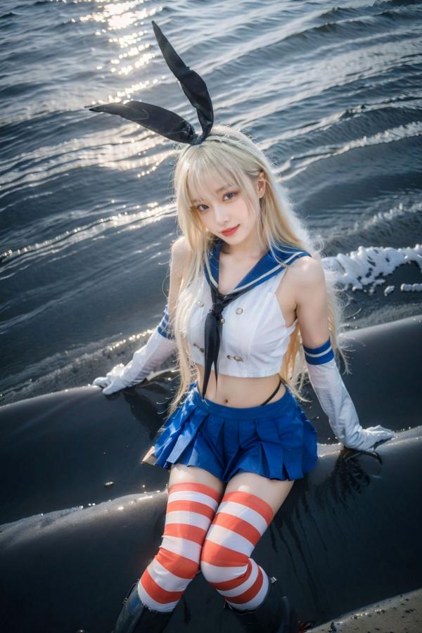   AI美女-拟实-水手服兔女郎军舰 海边沙滩户外性感二次元角色扮演写真第18张图片