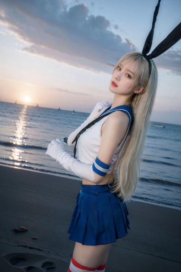   AI美女-拟实-水手服兔女郎军舰 海边沙滩户外性感二次元角色扮演写真第19张图片