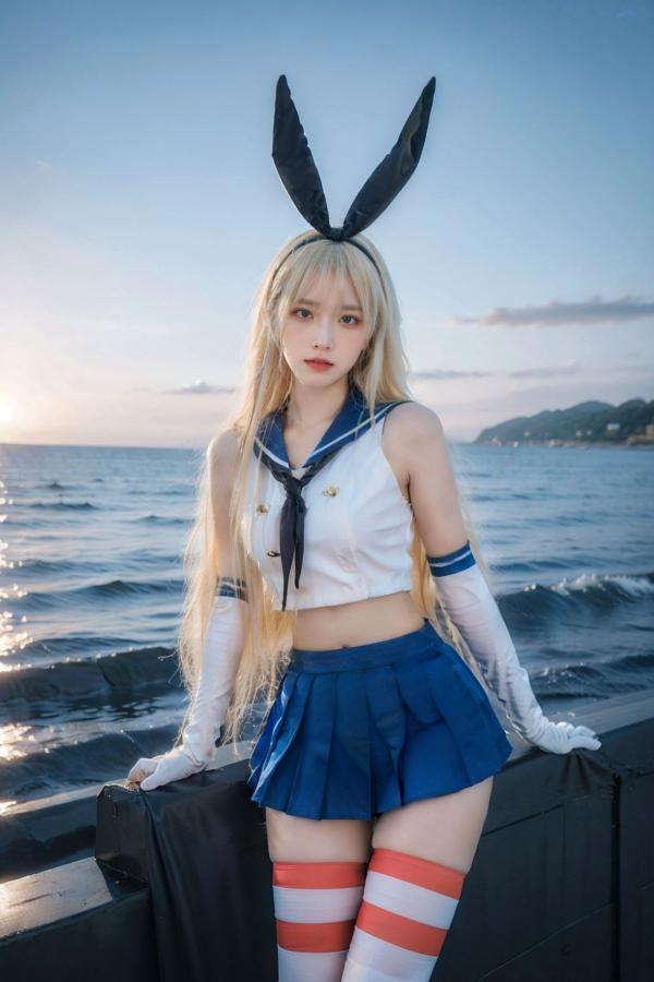   AI美女-拟实-水手服兔女郎军舰 海边沙滩户外性感二次元角色扮演写真第21张图片