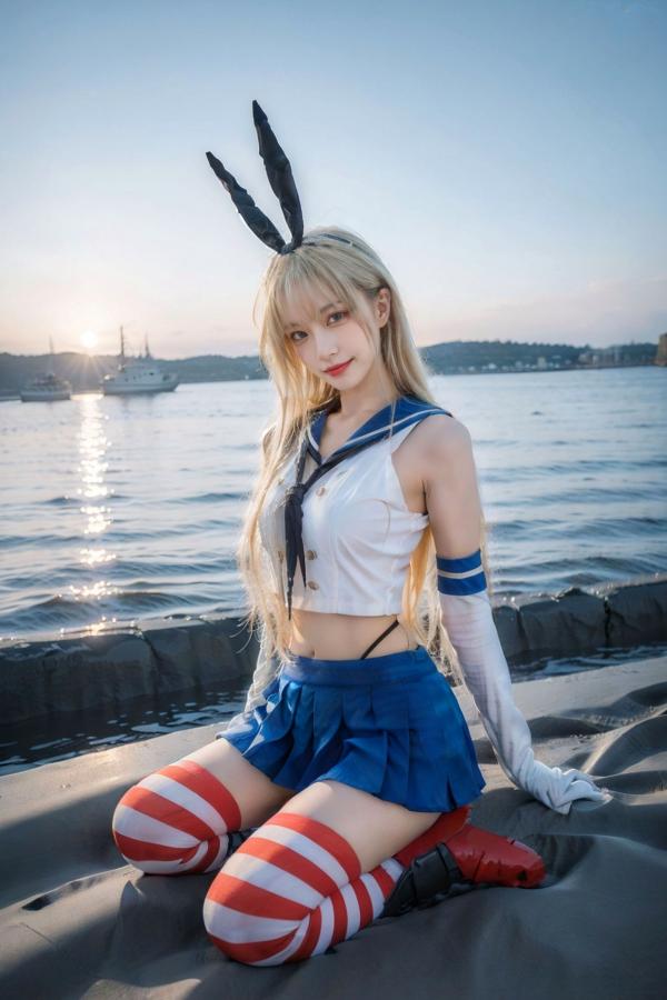   AI美女-拟实-水手服兔女郎军舰 海边沙滩户外性感二次元角色扮演写真第22张图片