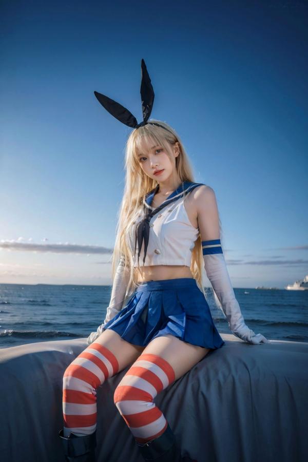   AI美女-拟实-水手服兔女郎军舰 海边沙滩户外性感二次元角色扮演写真第23张图片