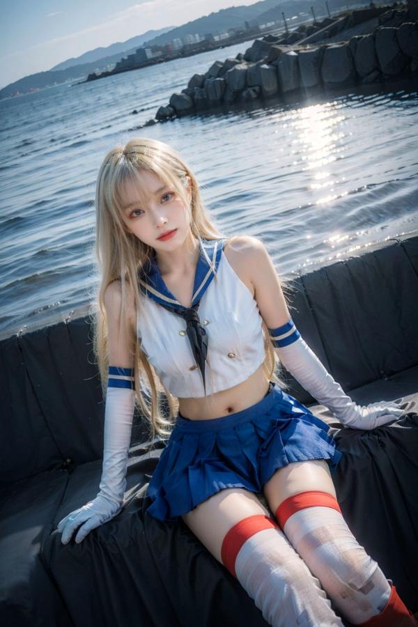   AI美女-拟实-水手服兔女郎军舰 海边沙滩户外性感二次元角色扮演写真第24张图片