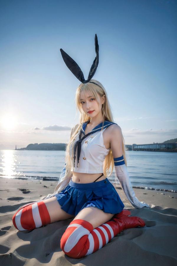   AI美女-拟实-水手服兔女郎军舰 海边沙滩户外性感二次元角色扮演写真第27张图片