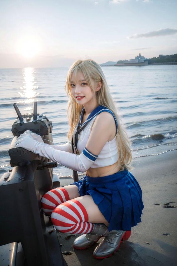   AI美女-拟实-水手服兔女郎军舰 海边沙滩户外性感二次元角色扮演写真第28张图片