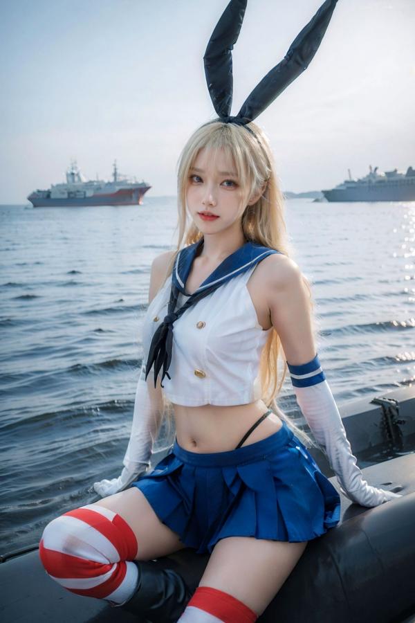   AI美女-拟实-水手服兔女郎军舰 海边沙滩户外性感二次元角色扮演写真第29张图片