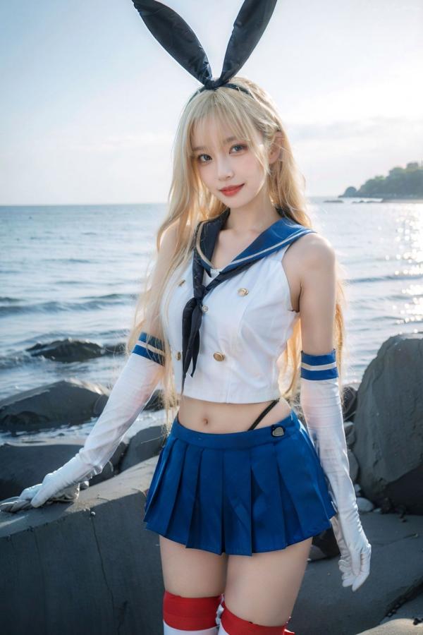   AI美女-拟实-水手服兔女郎军舰 海边沙滩户外性感二次元角色扮演写真第30张图片