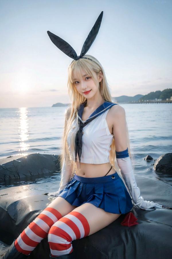   AI美女-拟实-水手服兔女郎军舰 海边沙滩户外性感二次元角色扮演写真第31张图片