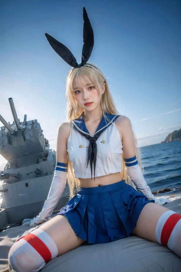   AI美女-拟实-水手服兔女郎军舰 海边沙滩户外性感二次元角色扮演写真第32张图片