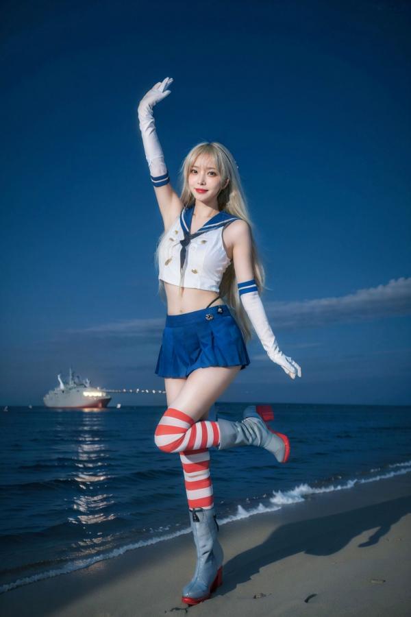   AI美女-拟实-水手服兔女郎军舰 海边沙滩户外性感二次元角色扮演写真第33张图片