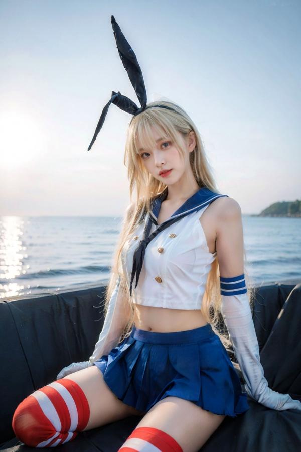   AI美女-拟实-水手服兔女郎军舰 海边沙滩户外性感二次元角色扮演写真第34张图片