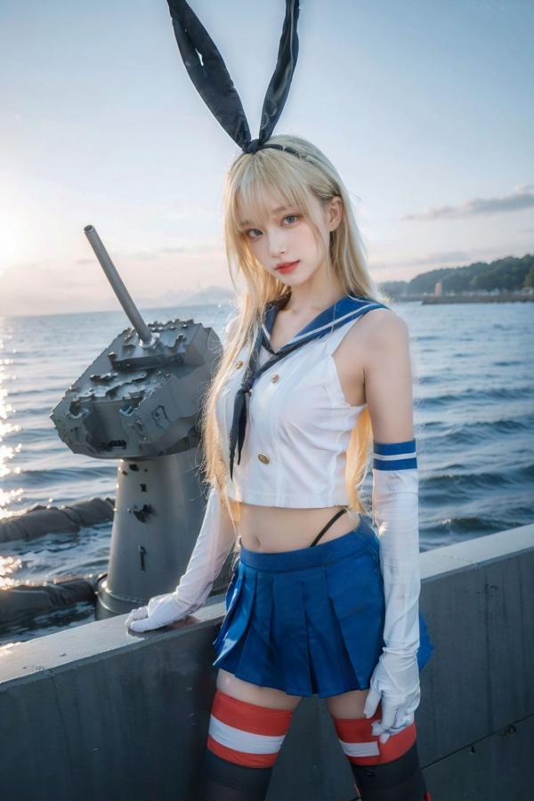   AI美女-拟实-水手服兔女郎军舰 海边沙滩户外性感二次元角色扮演写真第36张图片