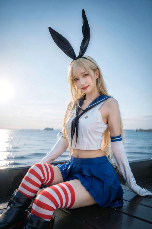   AI美女-拟实-水手服兔女郎军舰 海边沙滩户外性感二次元角色扮演写真第37张图片