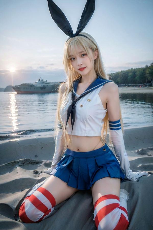   AI美女-拟实-水手服兔女郎军舰 海边沙滩户外性感二次元角色扮演写真第38张图片