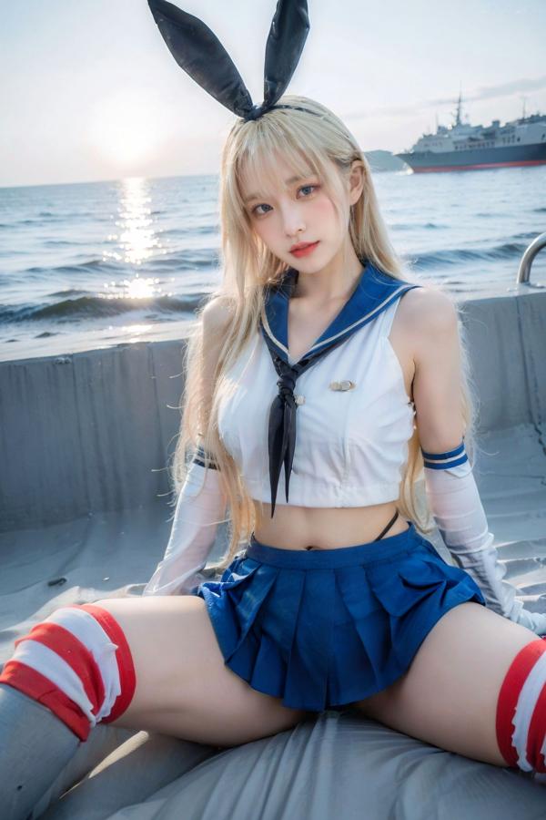  AI美女-拟实-水手服兔女郎军舰 海边沙滩户外性感二次元角色扮演写真第39张图片