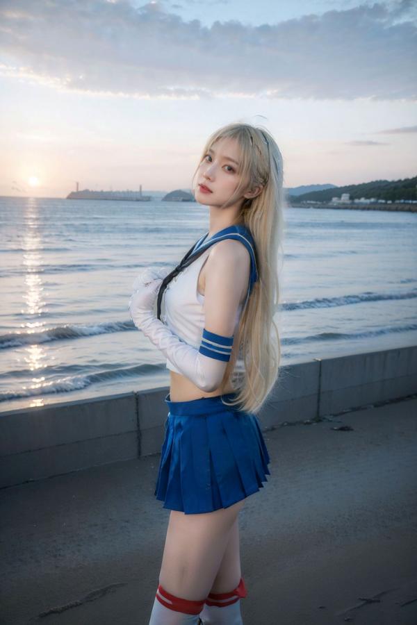   AI美女-拟实-水手服兔女郎军舰 海边沙滩户外性感二次元角色扮演写真第40张图片