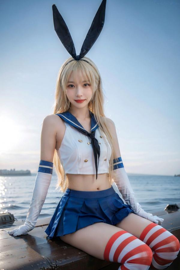   AI美女-拟实-水手服兔女郎军舰 海边沙滩户外性感二次元角色扮演写真第42张图片