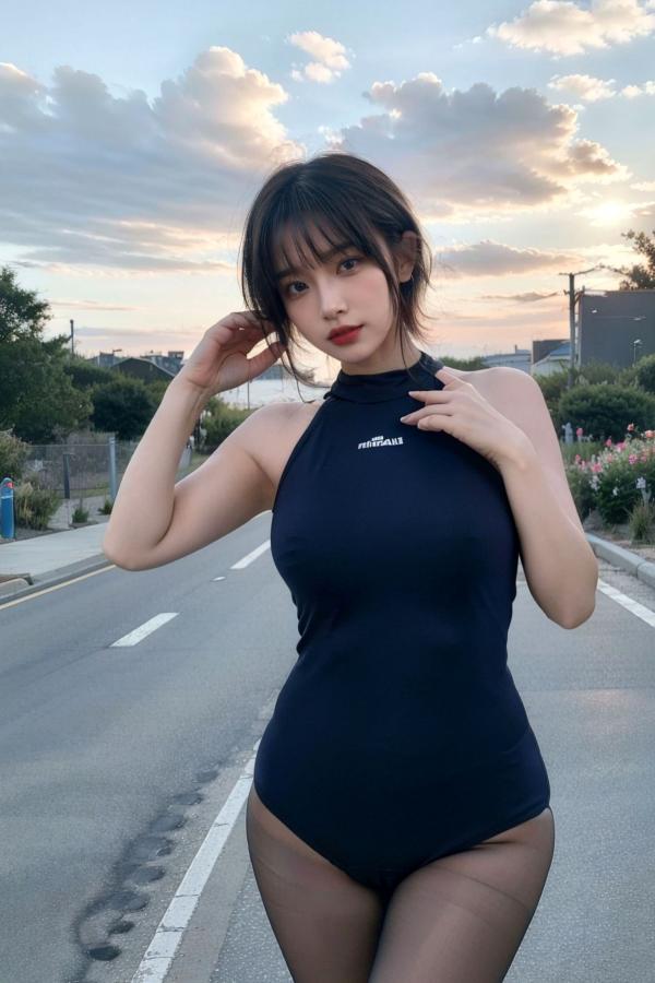    AI美女-拟实-短发深蓝死库水户外落日街头黑丝美腿性感写真第43张图片