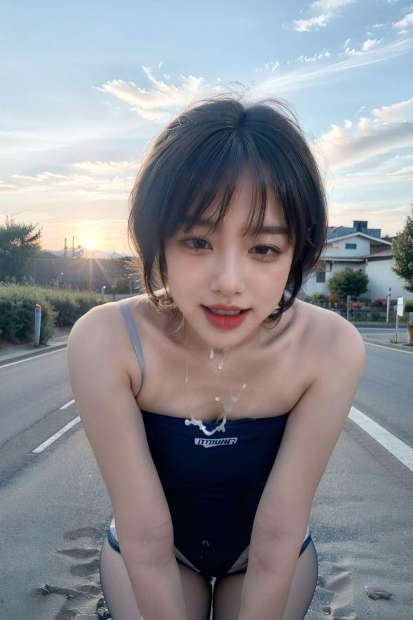    AI美女-拟实-短发深蓝死库水户外落日街头黑丝美腿性感写真第46张图片
