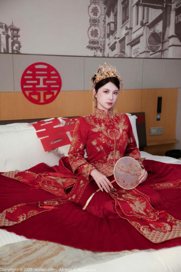    XiuRen秀人网 10865 小蛮妖Yummy 新娘红装红色内衣黑丝 卧室性感婚纱角色扮演私房写真第1张图片