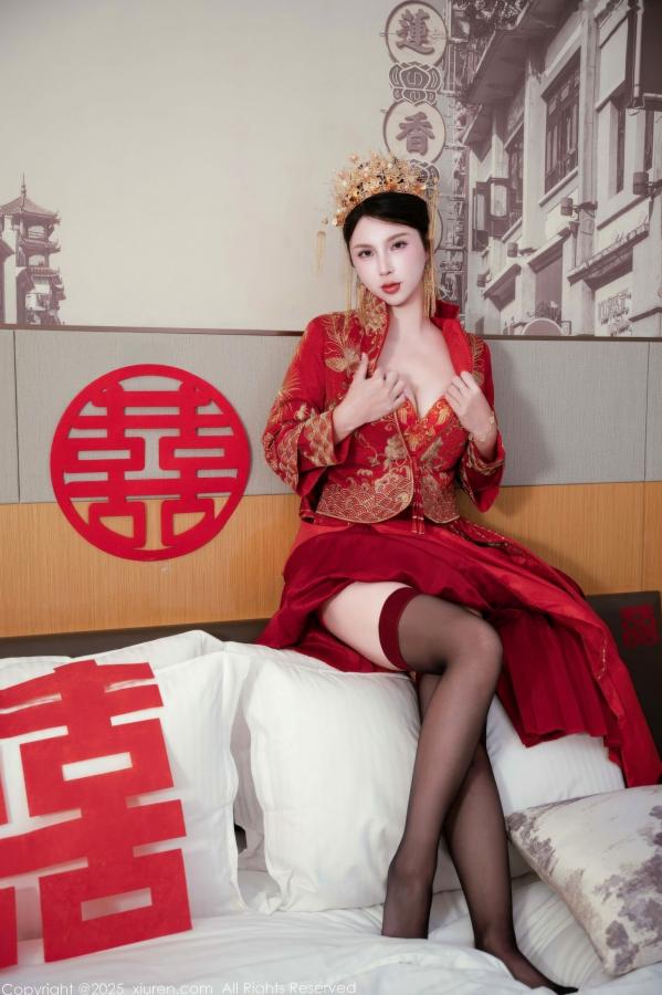    XiuRen秀人网 10865 小蛮妖Yummy 新娘红装红色内衣黑丝 卧室性感婚纱角色扮演私房写真第31张图片