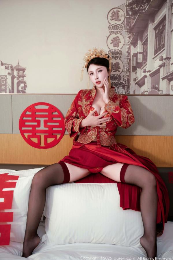    XiuRen秀人网 10865 小蛮妖Yummy 新娘红装红色内衣黑丝 卧室性感婚纱角色扮演私房写真第34张图片