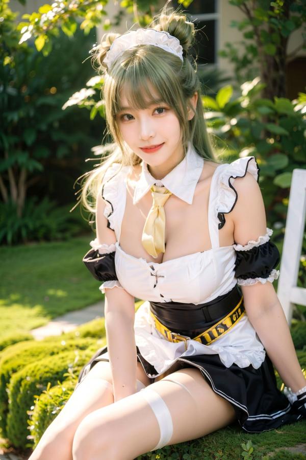   AI美女拟实写真：绿发女仆装白衫黑短裙，户外绿地街拍性感诱惑与萌系角色扮演第2张图片